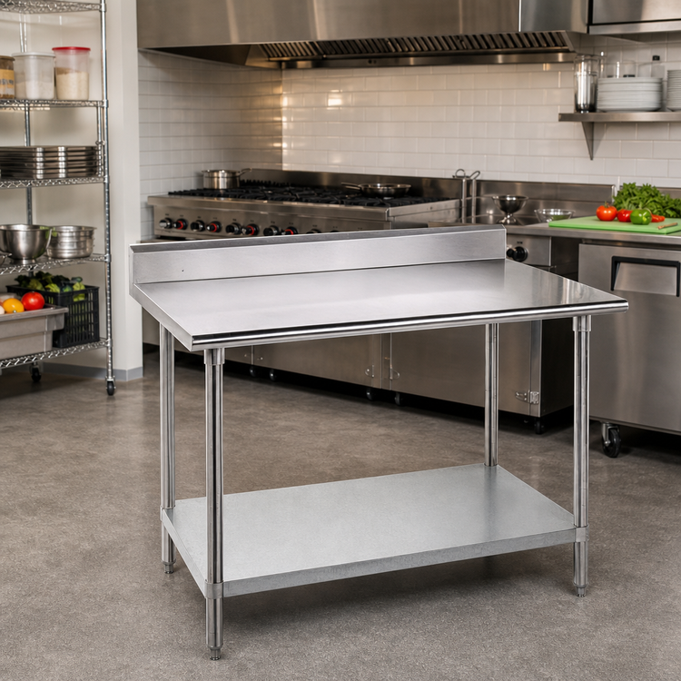 Product image #2 for Advance Tabco 72 x 30 Inch 14 Gauge 304 Stainless Steel Work Table with 5-Inch Backsplash, Galvanized Undershelf and Legs