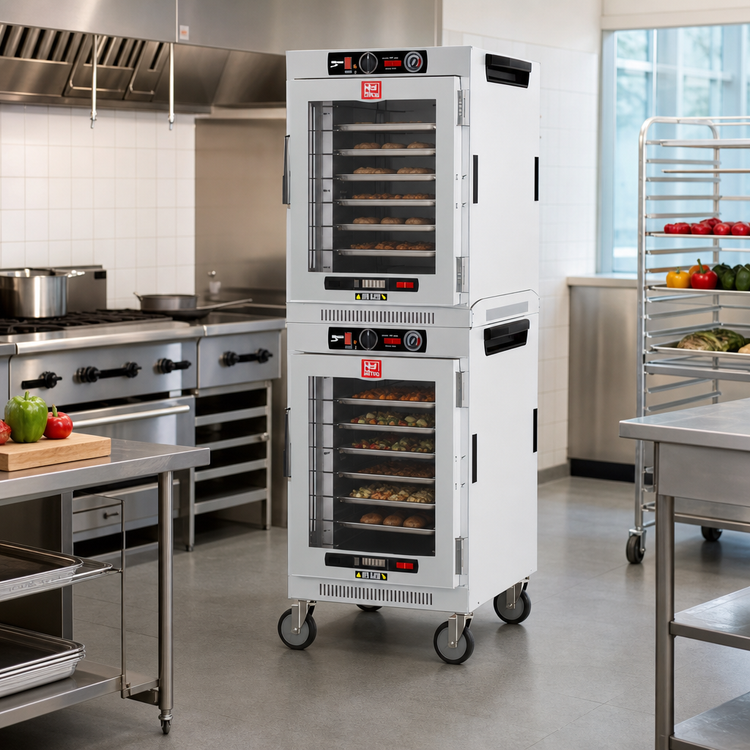 Product image #3 for Metro HotBlox Wide 16-Pan Stacked Dual-Cavity Mobile Heated Holding Cabinet, Analog Control, Clear Door