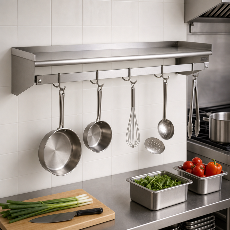 Product image #2 for Eagle Group 48-Inch x 12-Inch Wall-Mounted Stainless Steel Pot Rack Shelf with Removable Hooks