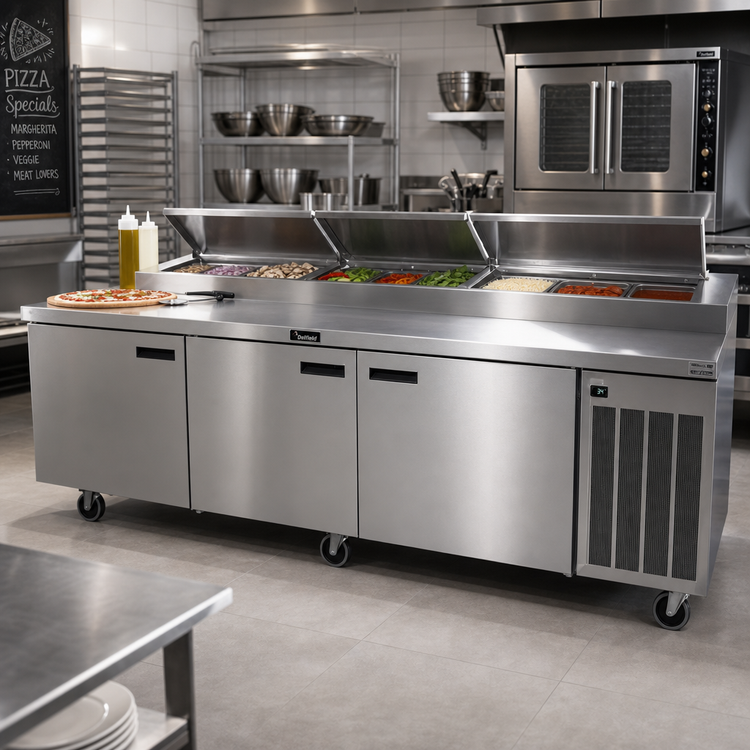 Product image #2 for Delfield 114-Inch Three-Section Refrigerated Pizza Prep Table, 30.9 Cu. Ft., Stainless Steel Top, 14 Third-Size Pan Capacity, Side-Mounted R290 Refrigeration