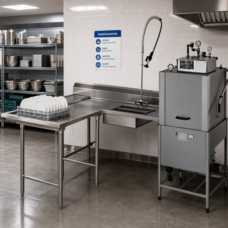 Product image #2 for Eagle Group Island Soiled Dishtable with Dish Landing Shelf and Pre-Rinse Sink, 66 Inch Machine-to-Corner, Right-to-Left Operation