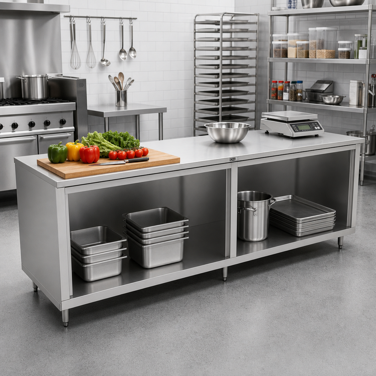Product image #2 for John Boos Stainless Steel Open Front Cabinet Base Work Table with Stallion Safety Edge, 108 x 30 Inches, Flat Top