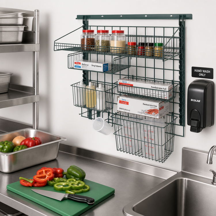 Product image #2 for Store Grid SGK-403036-3P Medium-Duty Wall-Mounted Starter Kit — 36" Grid Panel with Shelves, Baskets & Accessories, Green Antimicrobial Epoxy (NSF)