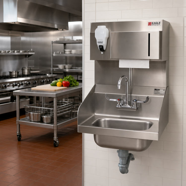 Product image #2 for Eagle Group Wall-Mounted Hand Sink with 14 x 10 x 5-Inch Bowl, Faucet, Towel & Soap Dispensers