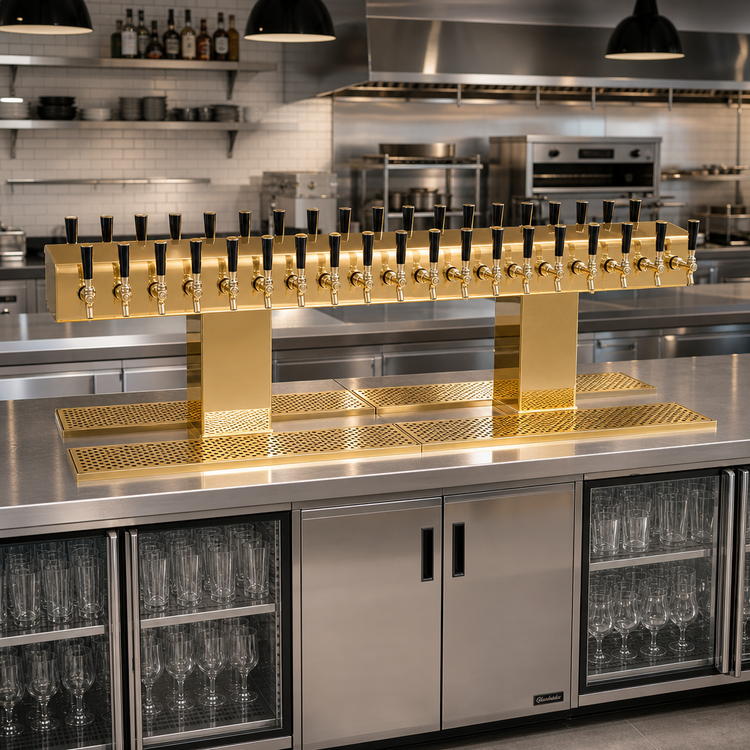 Product image #2 for Glastender Double-Sided 40-Faucet Glycol-Cooled Draft Dispensing Tower, Countertop, Polished Brass Finish