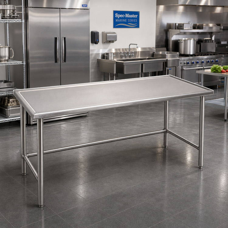 Product image #2 for Spec-Master Marine Series 144"W x 48"D 14 Gauge Stainless Steel Work Table with Box Marine Edge