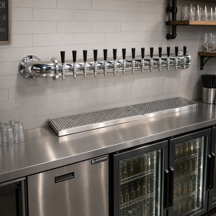 Product image #2 for Glastender Pipe Wall Draft Dispensing Tower, Wall-Mounted, 14 Faucets, Glycol-Cooled, Mirror Finish