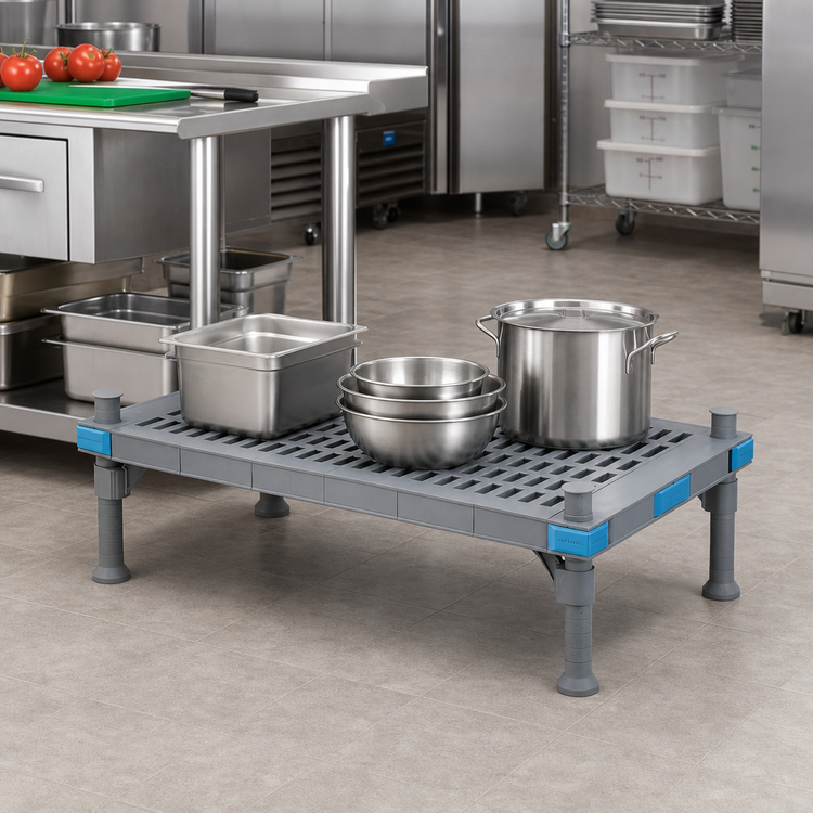 Product image #2 for Quantum Millenia Vented-Top Polymer Dunnage Rack with Shelf and 4 Posts, 60 x 24 x 14 Inches