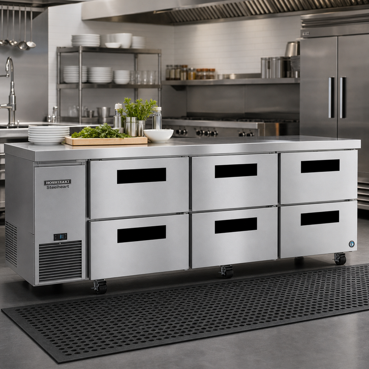 Product image #2 for Hoshizaki Steelheart 93-Inch Three-Section Undercounter Refrigerator with Six Drawers