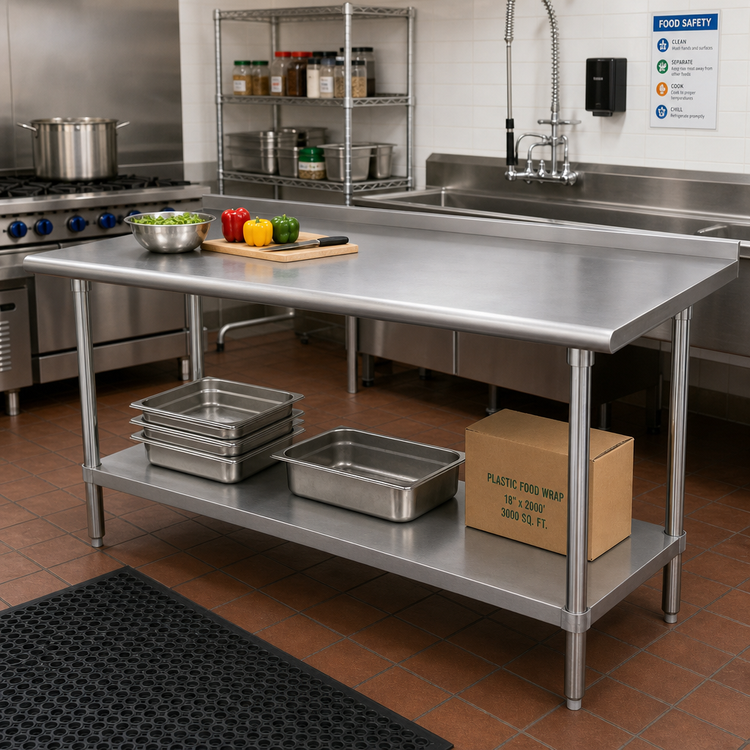 Product image #2 for Advance Tabco 108" x 24" Open Base 16-Gauge 430 Stainless Steel Work Table with Adjustable Undershelf and 1-1/2" Rear Up-Turn