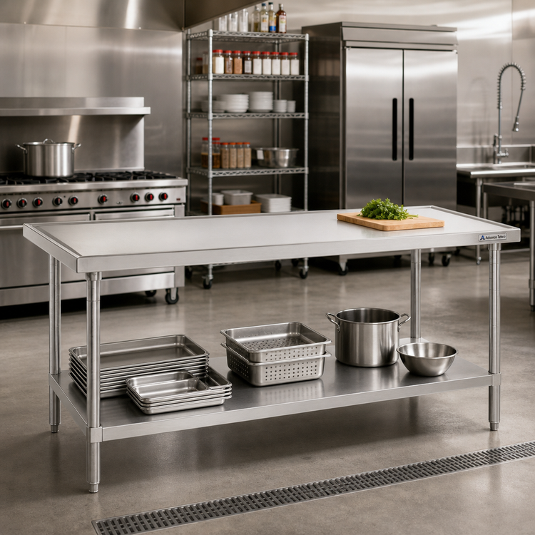 Product image #2 for Advance Tabco 84" x 24" 14-Gauge 304 Stainless Steel Work Table with Adjustable Galvanized Undershelf