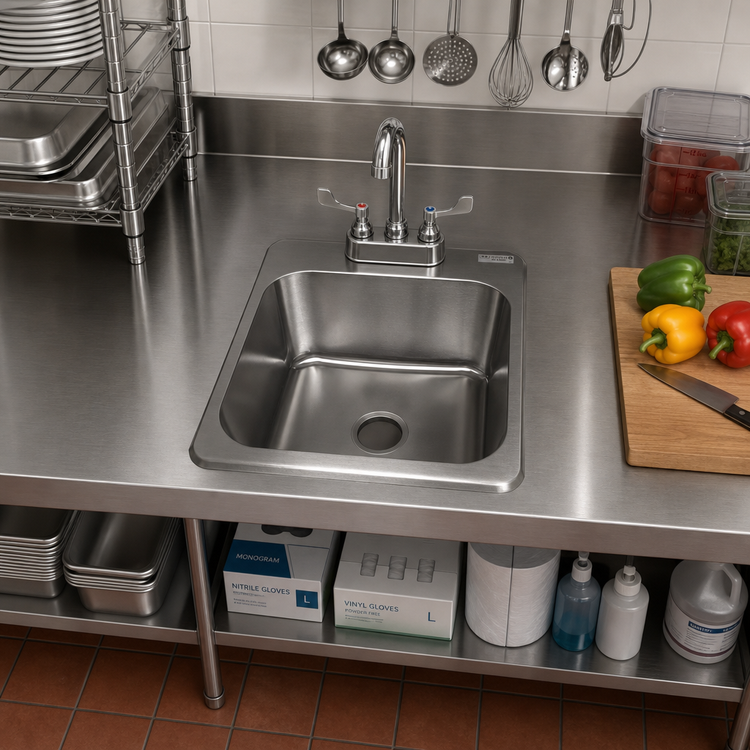 Product image #2 for BK Resources Deep Drawn Single Compartment Drop-In Sink with 4" OC Faucet Holes, 20" x 20-1/2" x 10-1/2", 304 Stainless Steel