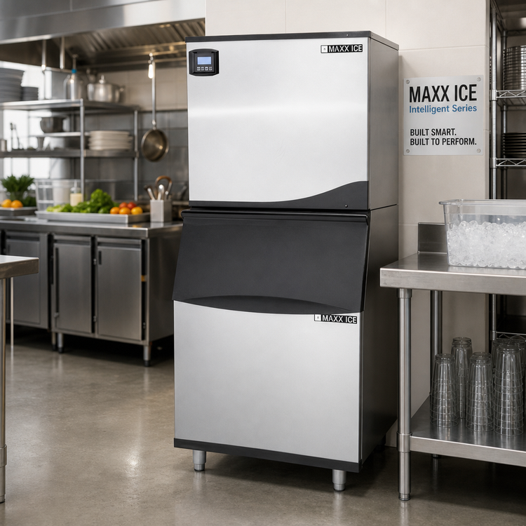 Product image #2 for Maxx Ice Intelligent Series Modular Full Dice Cube Ice Machine with 580 lb Storage Bin, Air-Cooled, 521 lb/Day