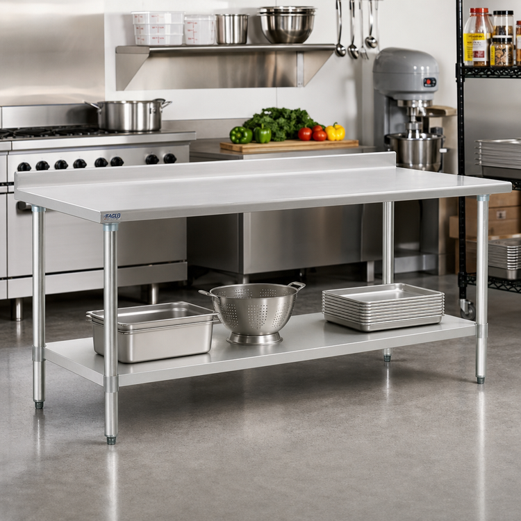 Product image #2 for Eagle Group Budget Series 84-Inch W x 36-Inch D 430 Stainless Steel Work Table with Rear Upturn and Adjustable Undershelf