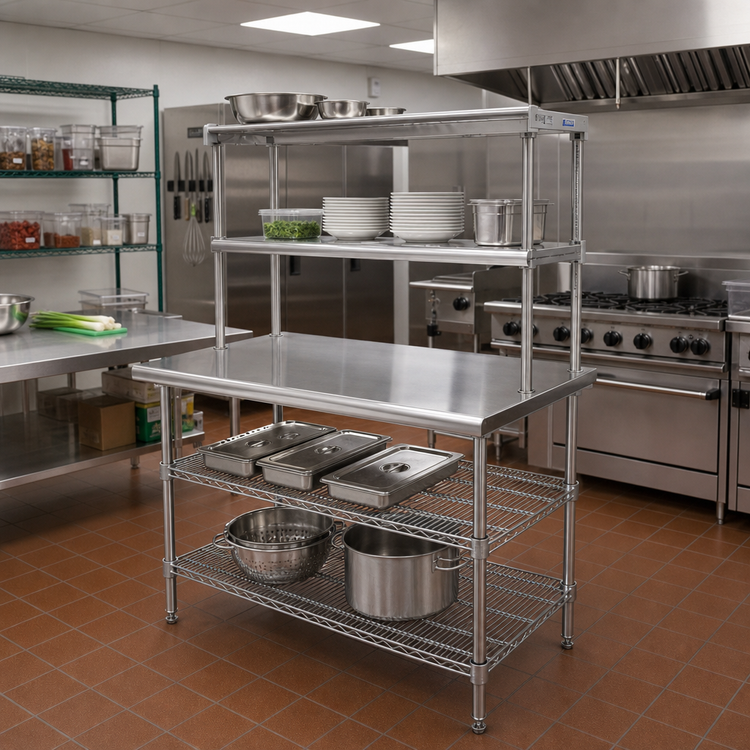 Product image #2 for Eagle AdjusTable Two-Tier Stainless Steel Work Table with Double Overshelf, 36 x 30 Inches