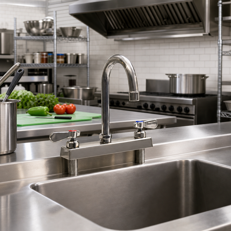 Product image #2 for BK Resources Evolution Lead-Free Deck-Mount Manual Faucet, 8" Centers, 4-1/2" Gooseneck Spout