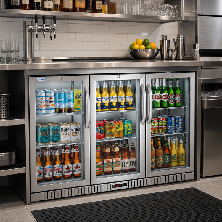 Product image #2 for KoolMore Three-Section Back Bar Refrigerator with 3 Glass Swing Doors, 11.3 Cu. Ft., Stainless Steel