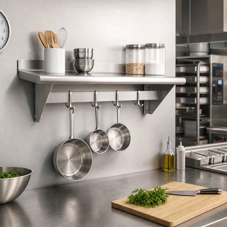 Product image #2 for Steel Works Stainless 36-Inch Wall-Mounted 304 Stainless Steel Pot Rack Shelf with 3 Hooks