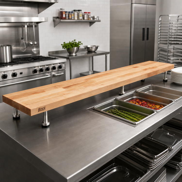Product image #2 for John Boos Steam Table Cutting Board, 60 x 8 x 1-3/4 Inch, Northern Hard Rock Maple, Edge Grain, Penetrating Oil Finish, with Adjustable Stainless Steel Supports