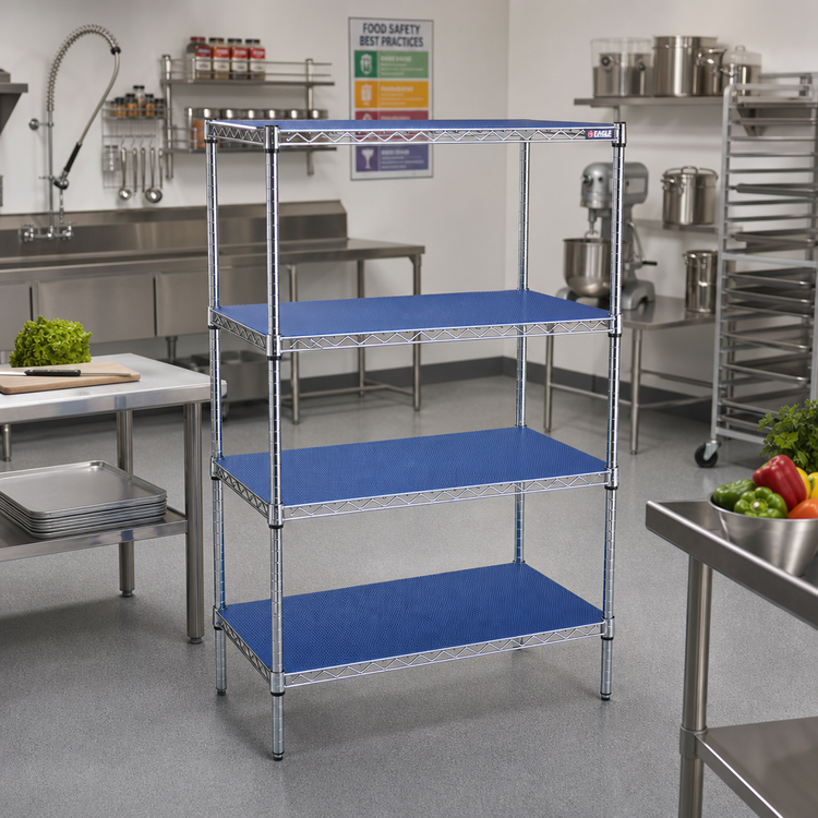Product image #2 for Eagle Group QuadPlus 48 Inch x 21 Inch Solid Blue Polymer Shelf Mat with Chrome Wire Frame