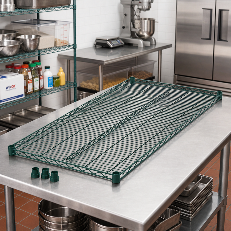 Product image #3 for Winco 42 x 24 Inch Epoxy-Coated Green Wire Shelf with 4 Sleeve Clips