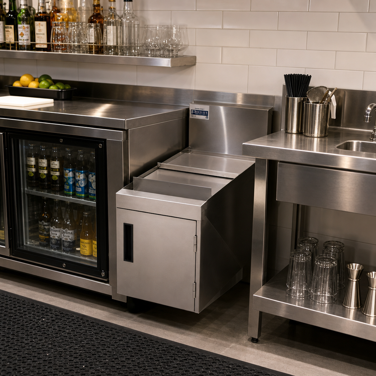 Product image #2 for Prestige Stainless Steel Underbar Trash Receptacle Cover with Sliding Cover and Hinged Front Door, 12 x 25 x 19 Inches