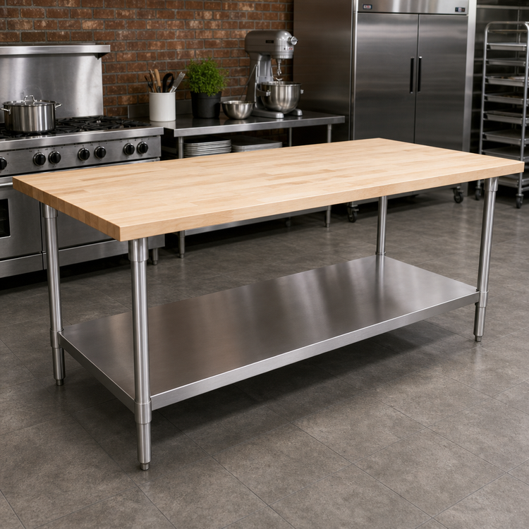 Product image #2 for BK Resources 96" x 30" Hard Maple Flat Top Work Table with Stainless Steel Undershelf