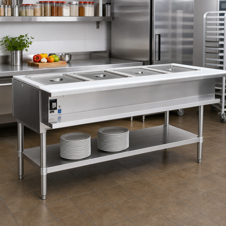 Product image #2 for 4-Well Electric Water Bath Hot Food Table with 12 x 20 Openings, Cutting Board, and Plate Shelf, 63-1/2 Inches Wide