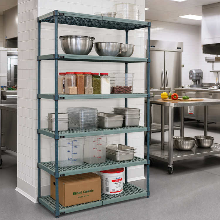 Product image #2 for Quantum 5-Tier Stationary Wire Plastic Mat Shelving Unit, 24 x 18 x 86 Inches, Green Epoxy Coated