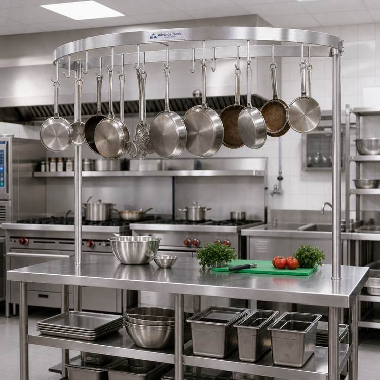 Product image #2 for Advance Tabco SWT-72 72-Inch Table-Mounted Semi-Circular Stainless Steel Pot Rack with 18 Hooks