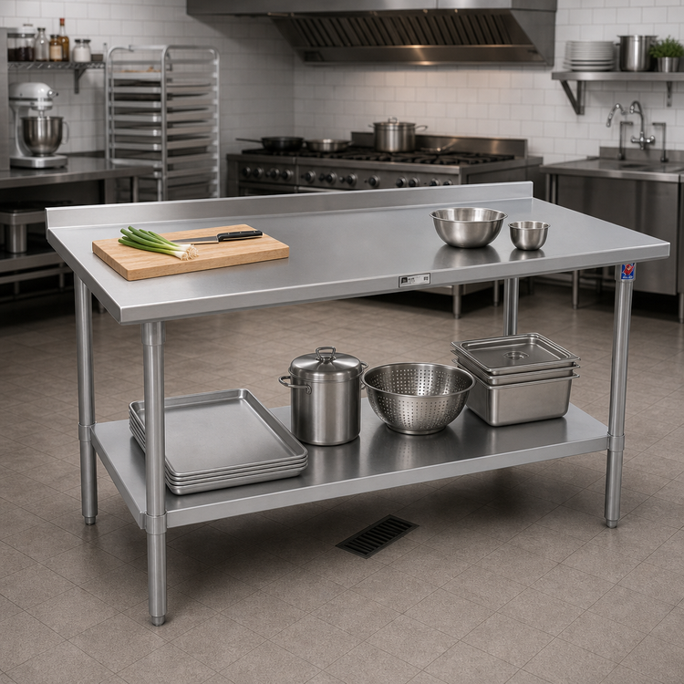 Product image #2 for John Boos Stallion 120 Inch x 24 Inch 16-Gauge Stainless Steel Work Table with 1-1/2 Inch Rear Up-Turn and Undershelf