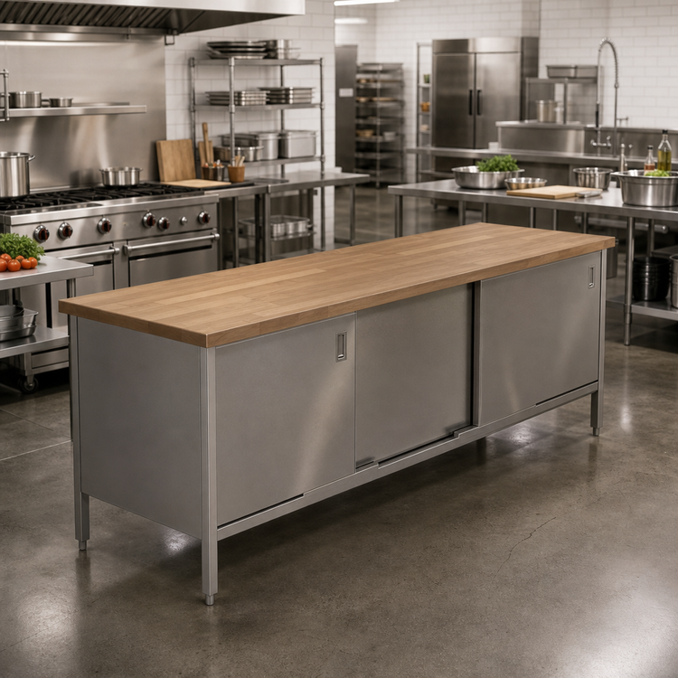 Product image #2 for John Boos 108-Inch x 30-Inch Enclosed Base Wood Top Work Table with Sliding Doors and Stainless Steel Base