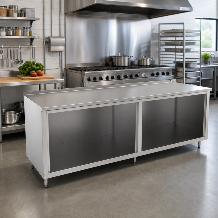 Product image #2 for John Boos 144"W x 36"D Open Front Cabinet Base Work Table with 14-Gauge Stainless Steel Top and 1-1/2" Rear Riser