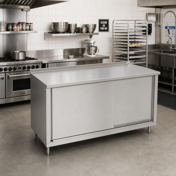 Product image #2 for John Boos Enclosed Work Table Cabinet Base with Sliding Doors, 84 x 24 Inch, 14 Gauge Stainless Steel Top, 1-1/2 Inch Rear Riser