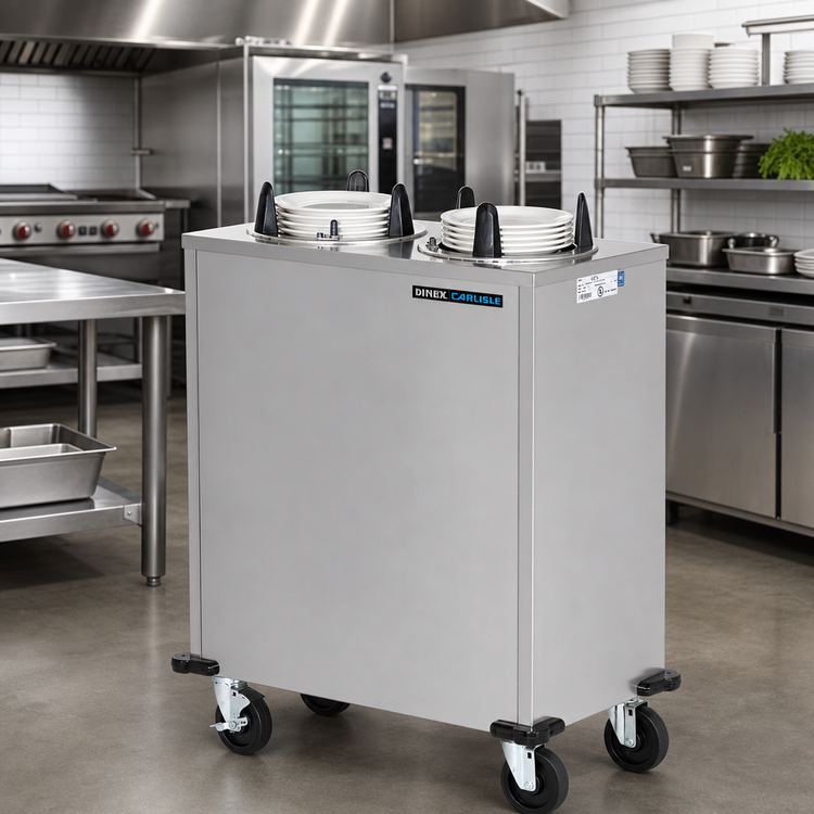 Product image #2 for Dinex Self-Leveling Enclosed Mobile Unheated 2-Silo Plate Dispenser for 12.25-Inch Round Plates