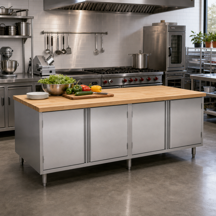 Product image #2 for 96-Inch Hard Maple Top Stainless Steel Cabinet Base Chef Table with Hinged Doors