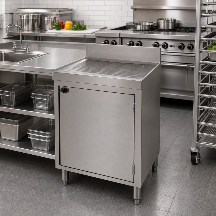 Product image #2 for Advance Tabco Underbar Basics™ Freestanding Stainless Steel Drainboard Cabinet Base with Mid-Shelf and Single Door, 24 x 21 x 33 Inches