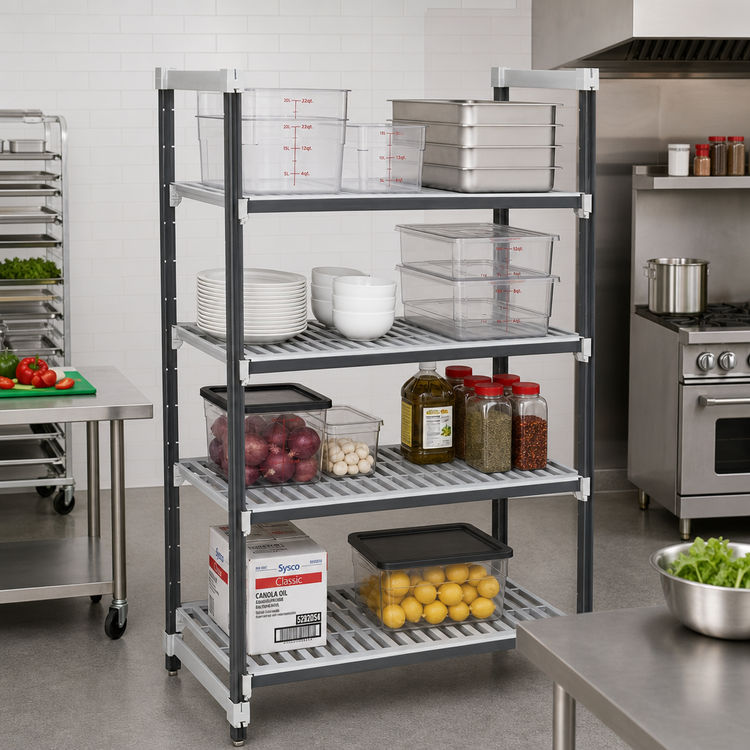 Product image #2 for Cambro Camshelving Elements XTRA 21" x 42" x 84" Stationary Starter Unit, 4-Tier Vented Polymer Shelving, Speckled Gray