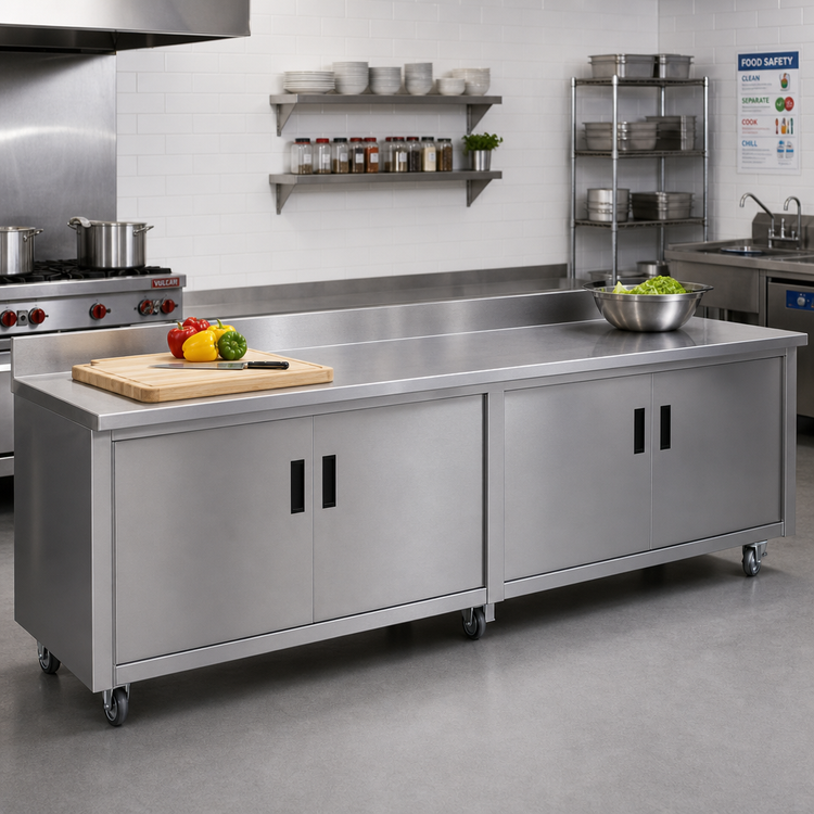 Product image #2 for Advance Tabco Special Value Series Enclosed Work Table with Cabinet Base, Mid-Shelf and Hinged Doors, 120"W x 24"D