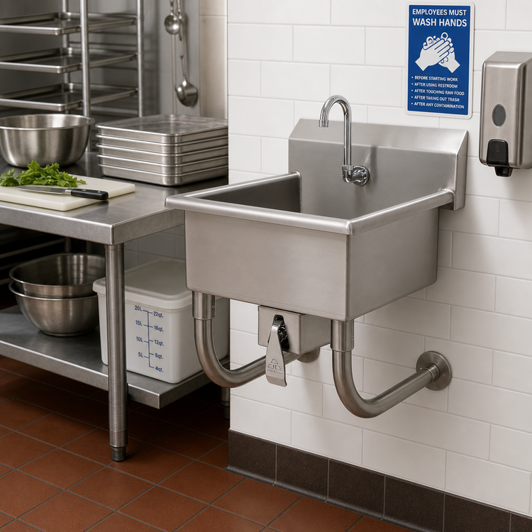 Product image #2 for Advance Tabco Wall-Mounted One-Station Service Sink with Knee Valve and Gooseneck Spout, 20-Inch x 19-1/2-Inch Bowl, 16-Gauge 304 Stainless Steel