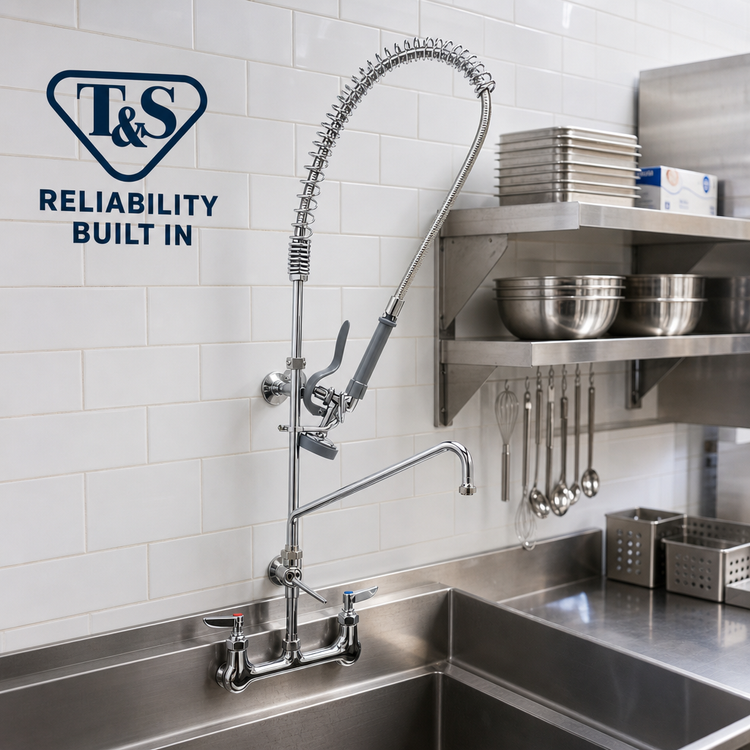 Product image #2 for T&S Brass EasyInstall 8-Inch Wall Mount Pre-Rinse Unit with Add-On Faucet and 12-Inch Swing Nozzle
