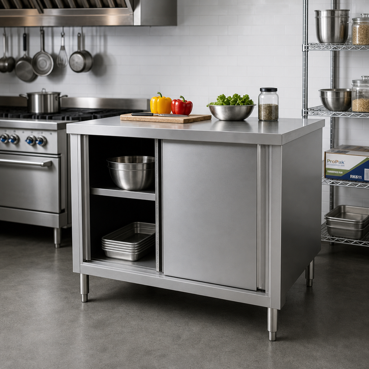 Product image #2 for Klinger's Trading 60" W x 30" D x 36" H Stainless Steel Enclosed Work Table with Sliding Doors and Shelf
