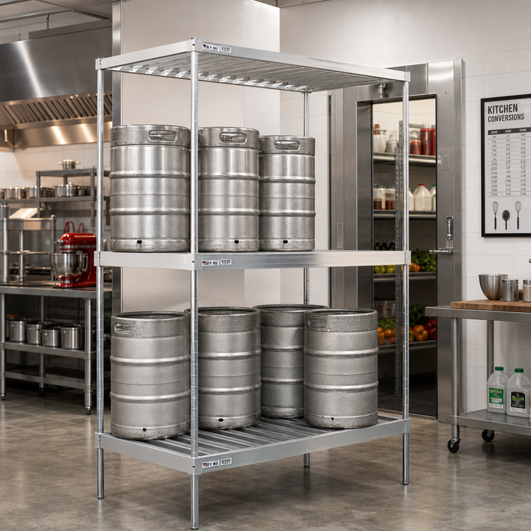 Product image #2 for New Age Double-Deep Aluminum Keg Rack, 12-Keg Capacity, 60"W x 34"D x 84"H