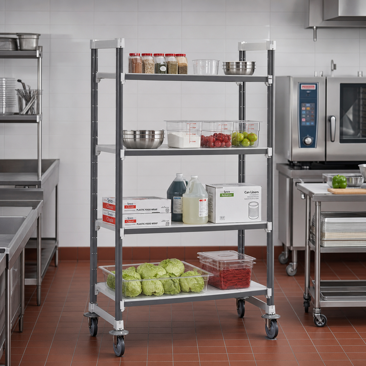 Product image #2 for Cambro Camshelving Elements XTRA High-Density Mobile Starter Unit, 24" x 60" x 70-1/4", 4-Tier Solid Shelves, Speckled Gray