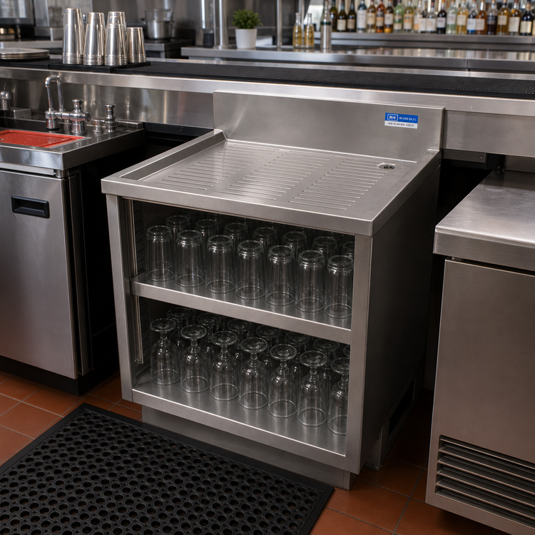 Product image #3 for BK Resources 36 Inch Underbar Stainless Steel Glass Rack Unit with Drainboard Top and Adjustable Shelf