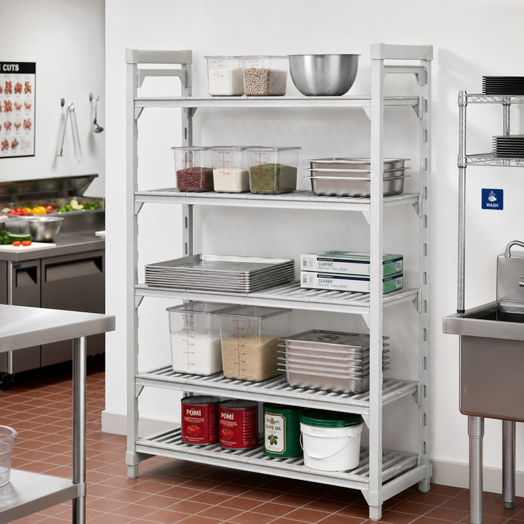 Product image #3 for Cambro Camshelving Premium 5-Tier Vented Stationary Starter Polypropylene Shelving Unit, 24 x 72 x 72 Inches, Speckled Gray