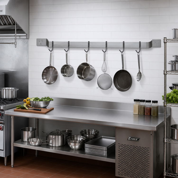 Product image #2 for Eagle Group 84-Inch Wall-Mount Single Bar Stainless Steel Pot Rack with 7 Double-Prong Hooks