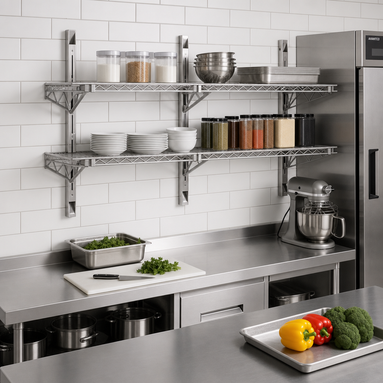 Product image #2 for Advance Tabco Special Value Series 2-Tier Adjustable Wall-Mount Wire Shelving Post and Bracket Set for 14-Inch Shelves