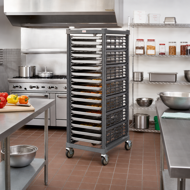 Product image #3 for Cambro Camshelving Ultimate Full-Size Sheet Pan Rack, Factory Assembled, 1-1/2" Rail Spacing, Metal Casters
