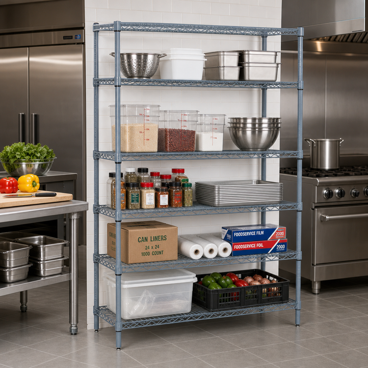 Product image #2 for Quantum Stationary Wire Shelving Starter Kit, 48 x 12 x 74 Inches, 5 Shelves, Gray Epoxy Antimicrobial Finish